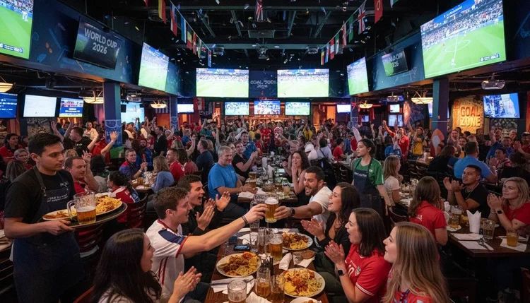 Een druk sportcafé vol gasten met een barman die een dienblad met eten en bier draagt.